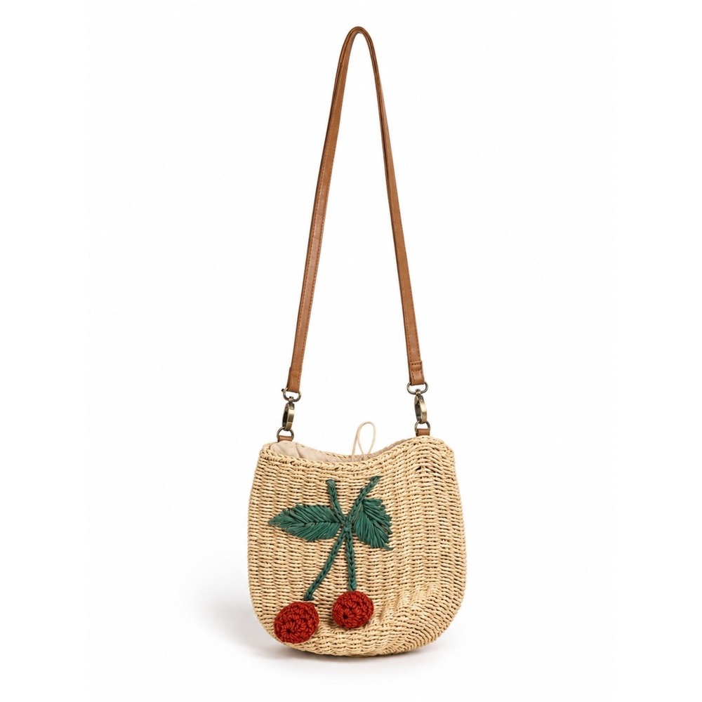 Woven Straw Cherry Crossbody Bucket Bag Cream Drawstring Summer Purse - Picture 1 of 13